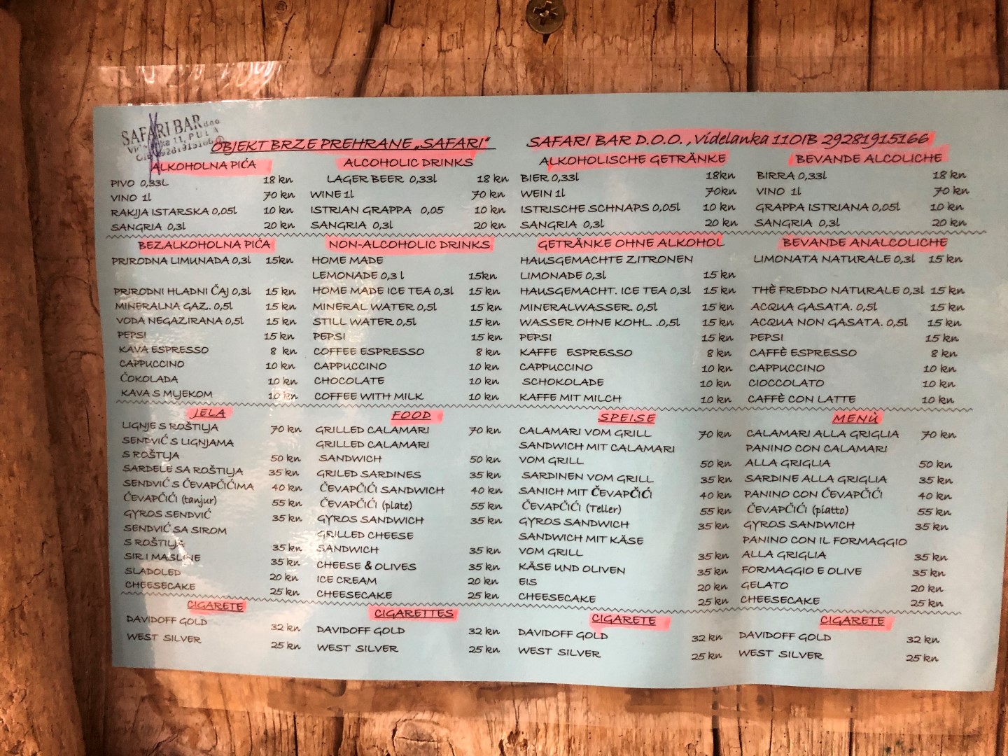 safari bar kamenjak menu