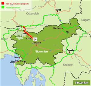 Übersichtskarte Sperrung Slowenien - Alternativrouten