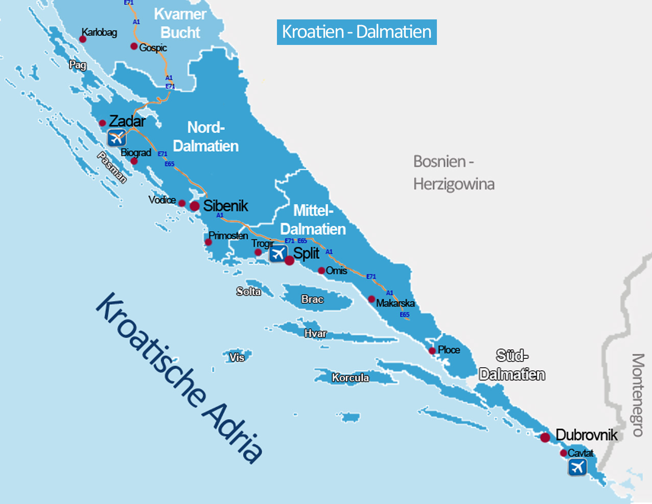 dalmatien kroatien karte Dalmatien | Kroatien Reiseführer √   Kroati.de